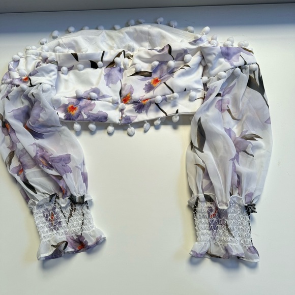 Skirt Set Floral pom pom trim Bodice off shoulder sheer sleeve crop top purple - Picture 8 of 15